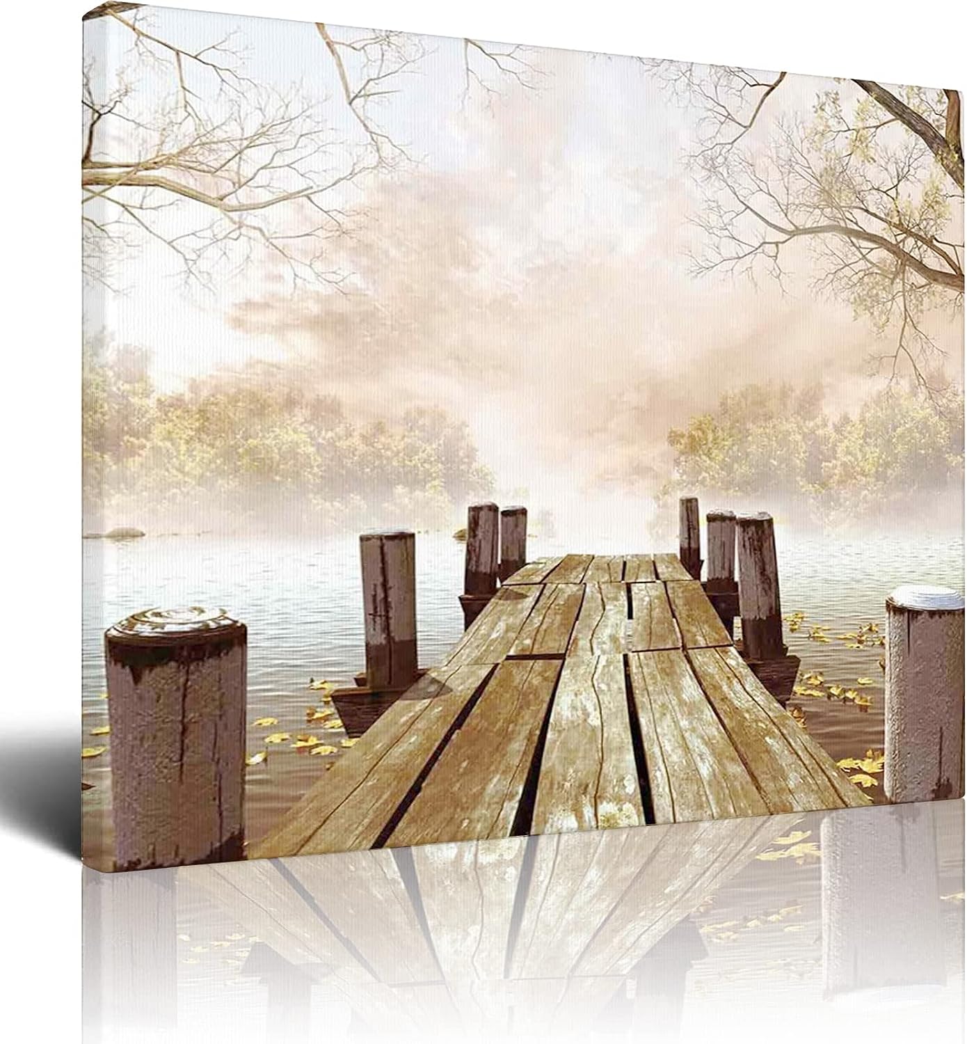 Autumn Canvas Wall Art,Fallen Leaves on a Lake,Canvas Artwork Nature Pictures for Living Room Bedroom Office Wall Decor Home Decoration,Brown Green Tan - 12x16 Inch 12x16 Inch