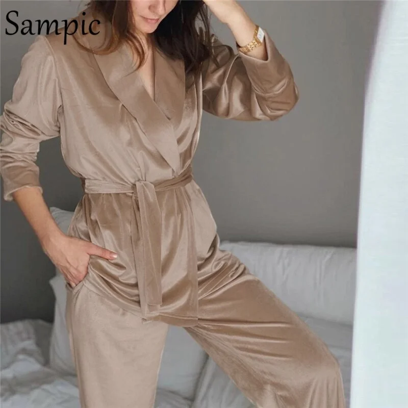 Toloer 2021 Spring Tracksuit Women Pants Suit Velvet Lounge Wear Long Sleeve Blouse Tops And Loose Pants Two Piece Set Outfits