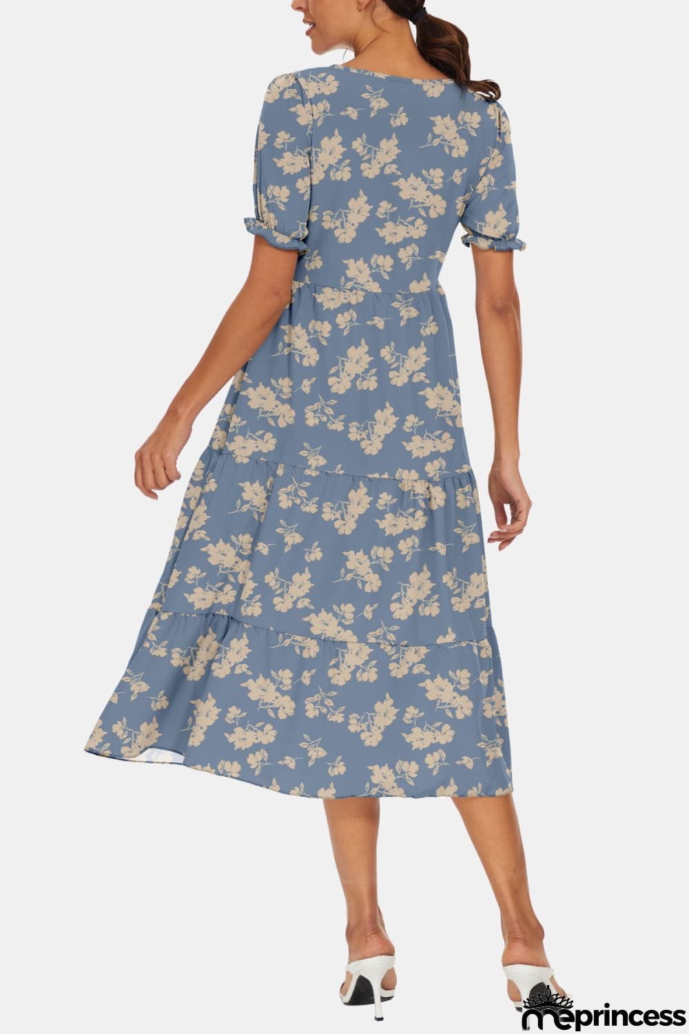 Round Neck Flounce Sleeve Midi Dress