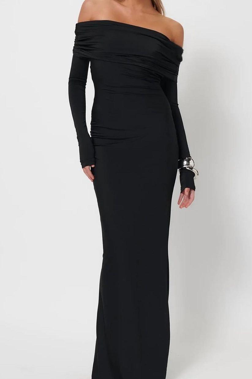 Lvs&Broner Black Off the Shoulder Long Sleeves Long Prom Dress With Pleated