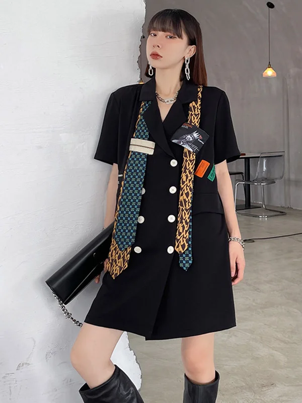 Stylish Buttoned Tie Split-Joint With Pocket Applique Notched Collar Short Sleeves Mini Shirt Dress