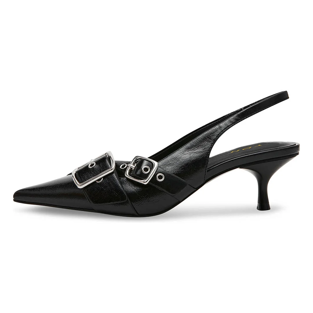 Buckle Strap Pointed Toe Kitten Heel Slingback Shoes in Black