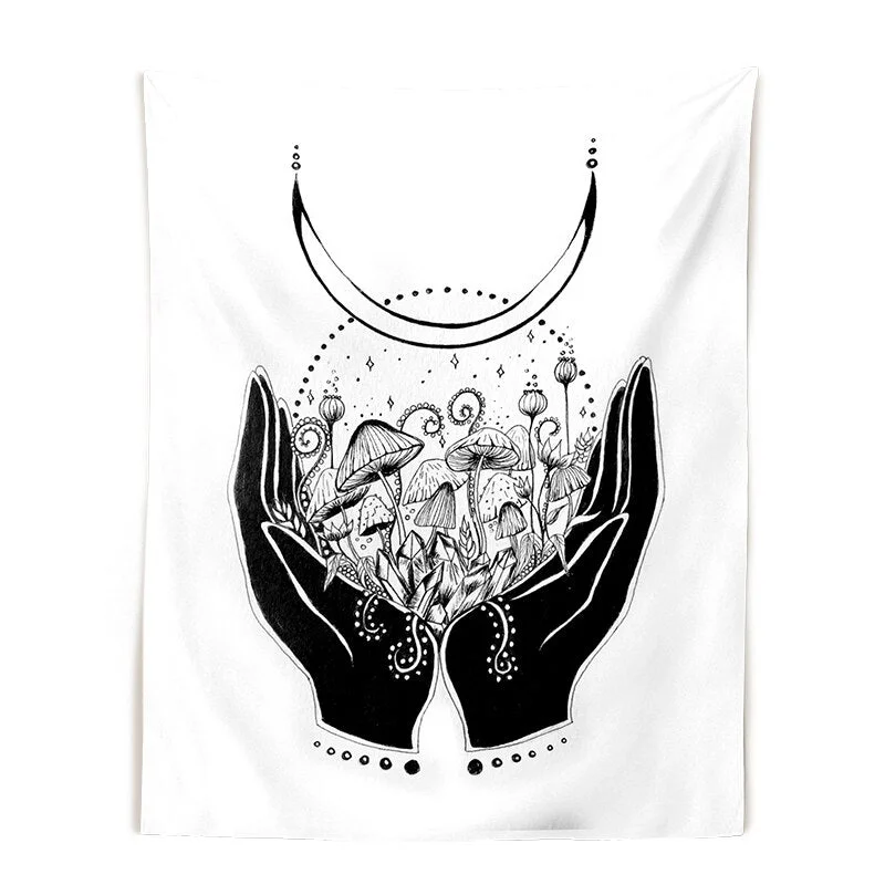 Mushroom queen Tapestry Wall Hanging crystals botanical fungi art black White witchy Living Room Psychedelic Wall Art Decor