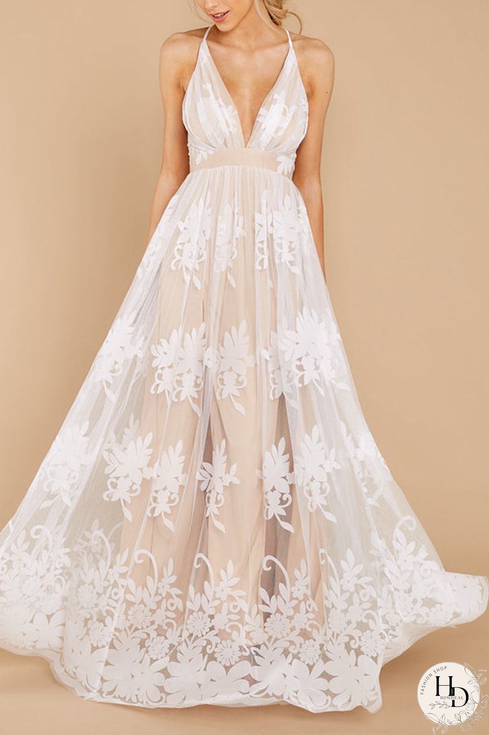 Plunge Neck Sleeveless Mesh Prom Dress