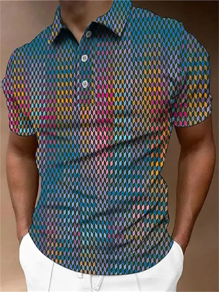 Men's Collar Polo Shirt Golf Shirt Geometry Turndown Blue Purple Brown Gray 3D Print Outdoor Street Short Sleeves Button-Down Print Clothing Apparel Fashion Designer Casual Breathable / Summer-Mixcun