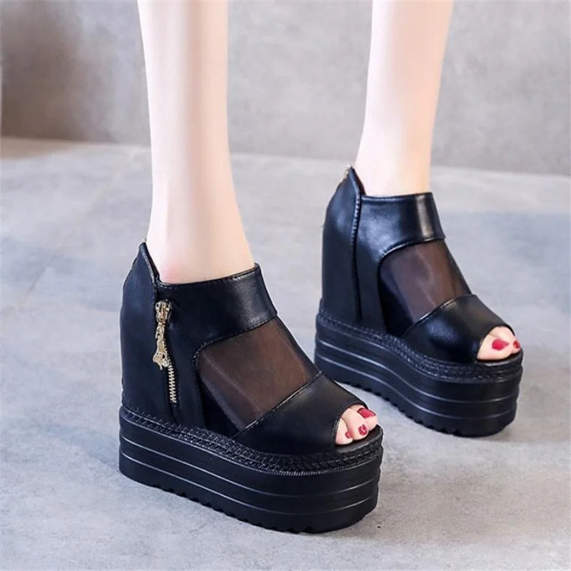 European Wedges with High-heeled Sandals Muffin Thick-bottom Fish Mouth Shoes New Internal Increase Women's Shoes Cool Boots