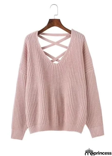 V Neck Solid Color Long Sleeve Knit Sweater