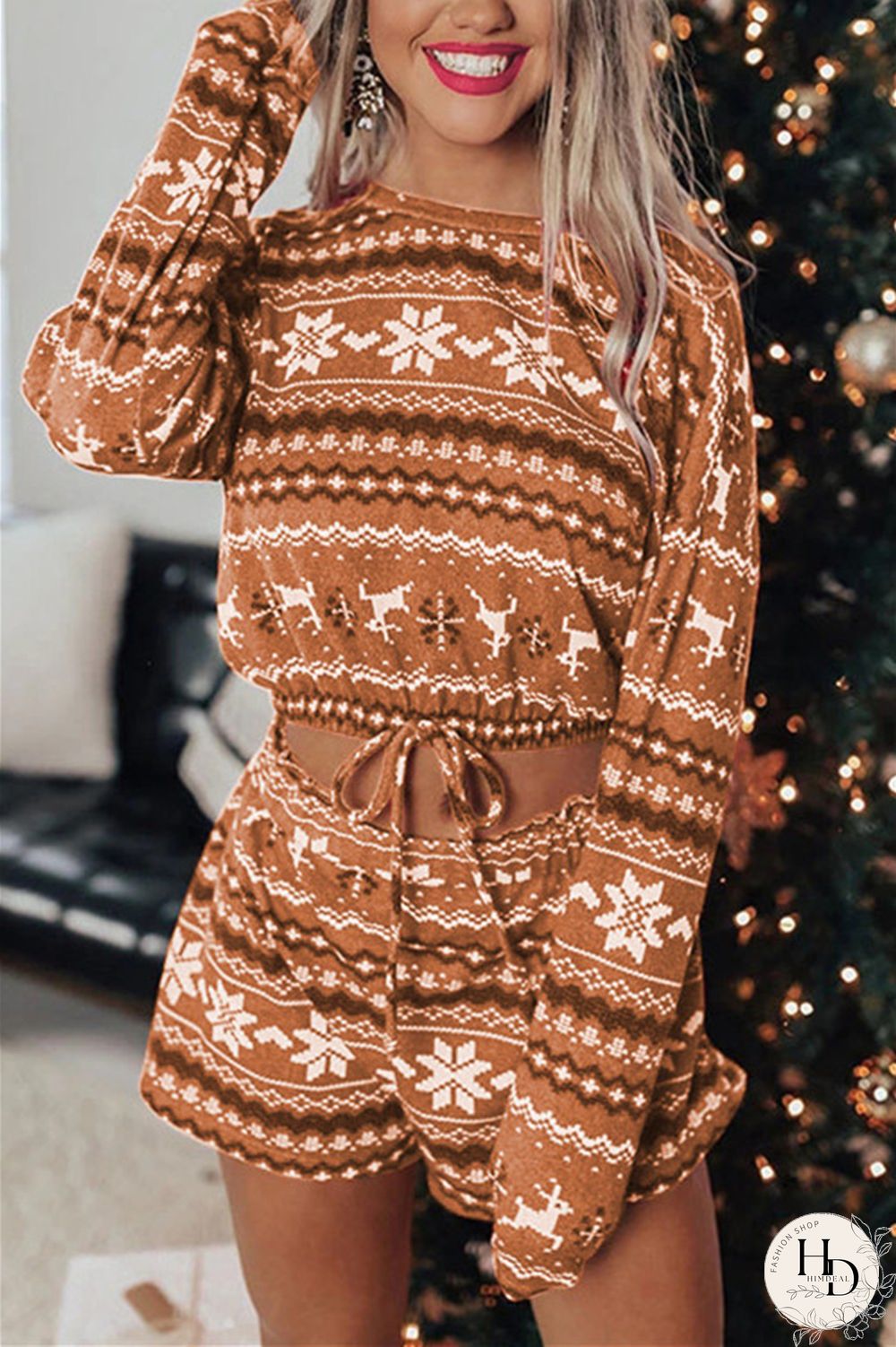 Rose Red Fashion Casual Print Basic O Neck Long Sleeve Two Pieces