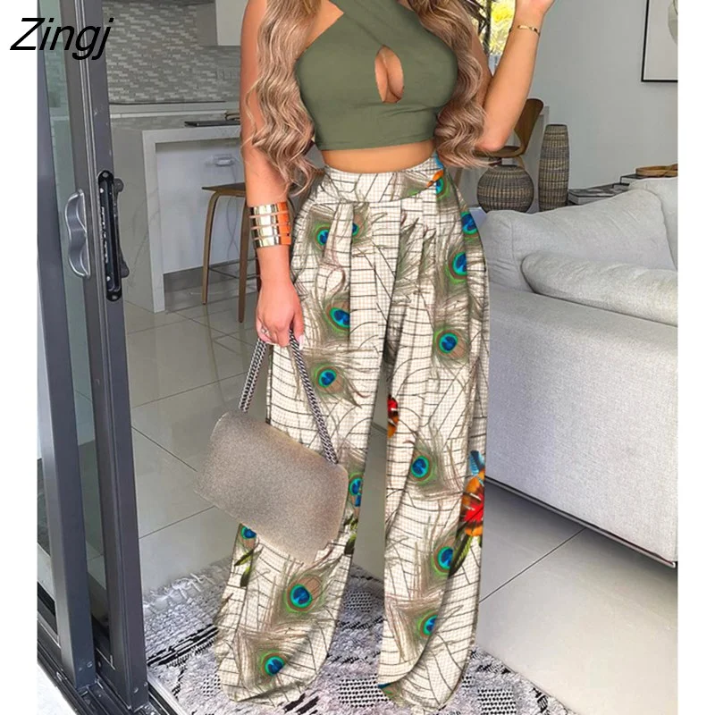 Zingj Summer Casual BM Style Plain Sleeveless Cross Sexy Halter Crop Top & Floral Print Wide Leg Pants Set Two Piece Suit Holiday