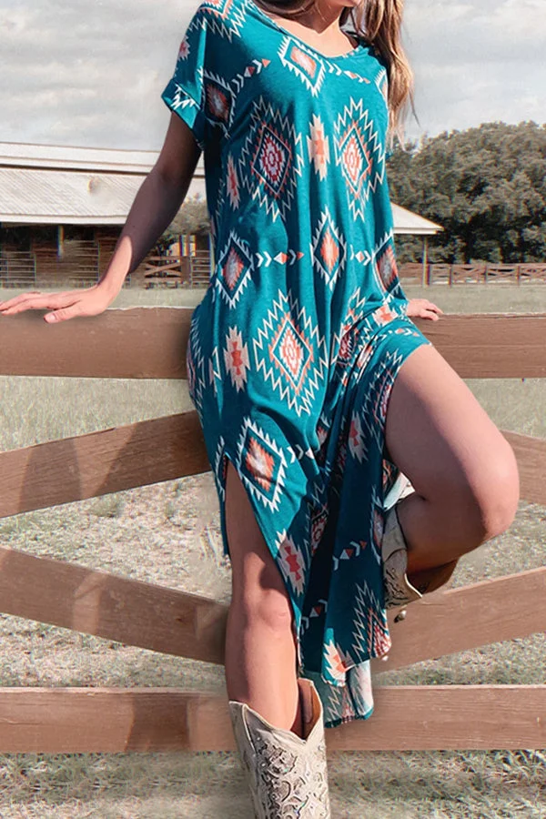 Stretch Aztec Print Slit T-Shirt Dress