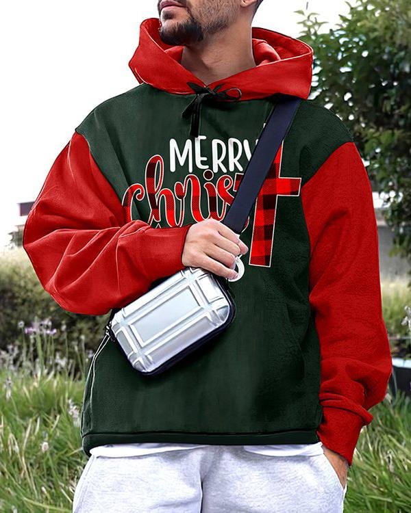 Men's Christmas Casual Red And Patchwork Print Hoodie-VESSFUL