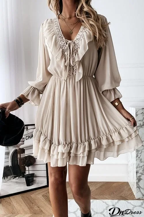 Ruffles V Neck Long Sleeve Mini Dress