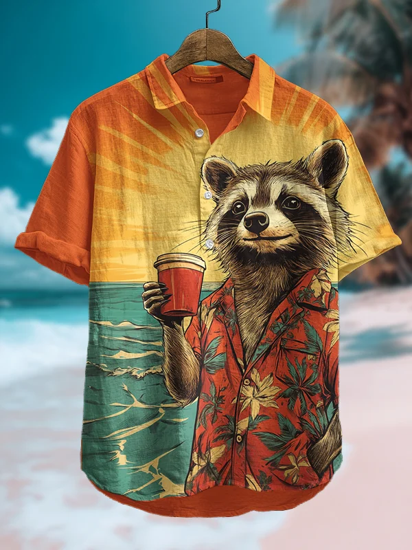 Men's Raccoon Enjoying A Drink At The Beach Art Print Polo Shirt