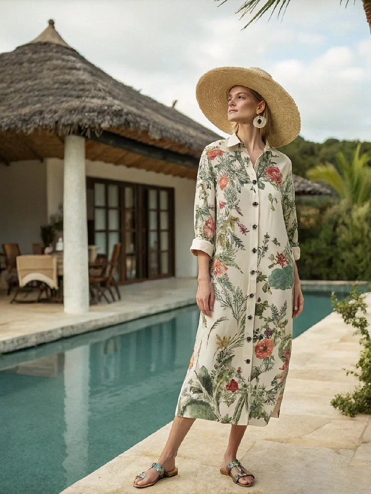 Cotton and linen women's resort shirt dress