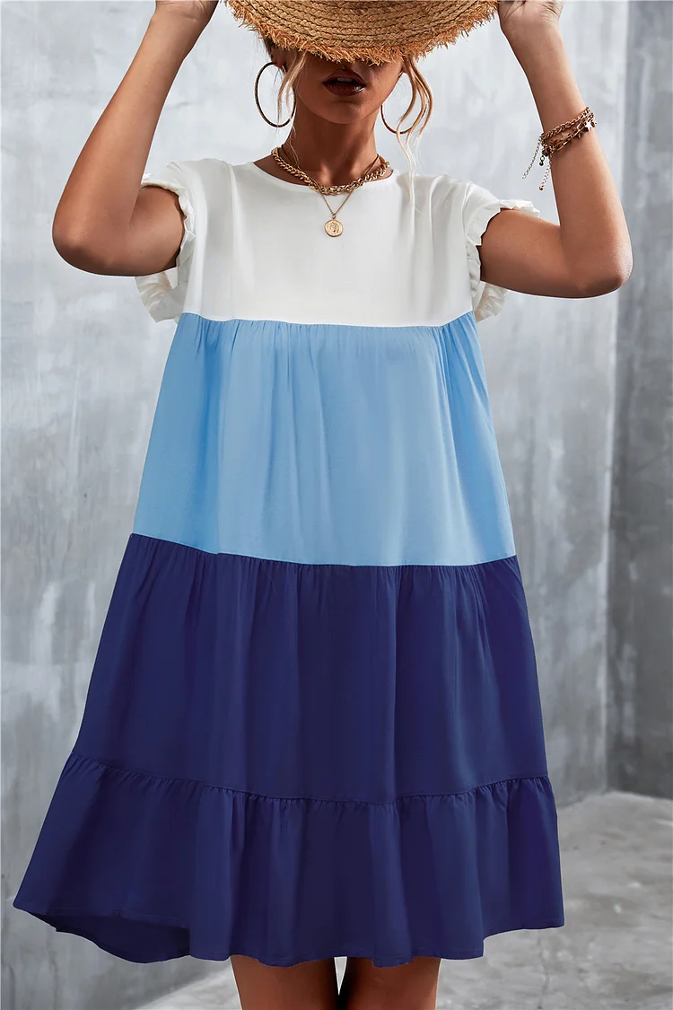 Dark & Blue Color Block Ruffle-Accent Shift Mini Dress Women Sweet Beach Dresses