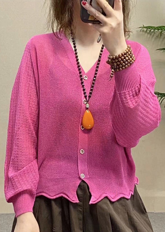 VCSHOES Rose V Neck Button Ice Silk Knit Top Long Sleeve