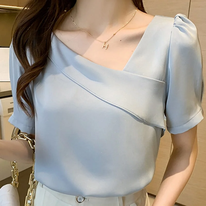 Blusas Blouses Femme Top Short Sleeve Blouse Women Blusas Mujer De Moda 2022 Ruffles V-Neck Chiffon Blouse Shirt Tops Women E882 515