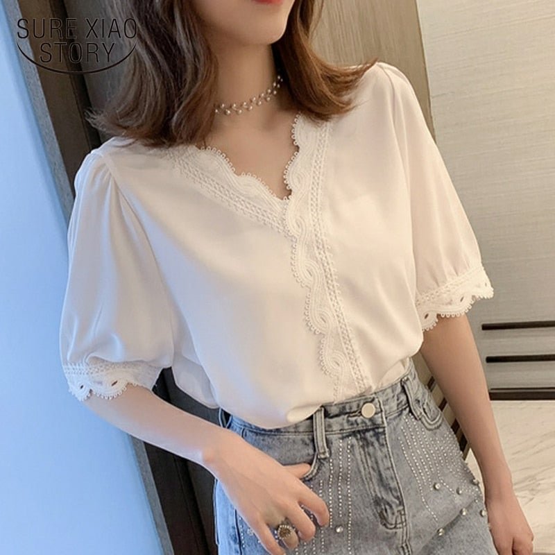 2021 New Summer Women Chiffon Shirt Short Sleeve Blouse Elegant Sweet V-neck Korean White Tops Hollow Out Fashion Blusas chic