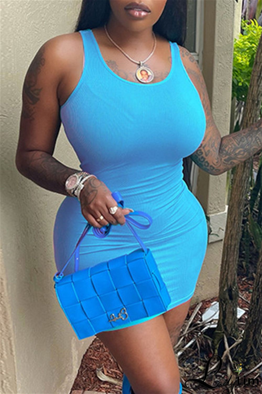 Light Blue Sexy Casual Solid Basic U Neck Vest Dress