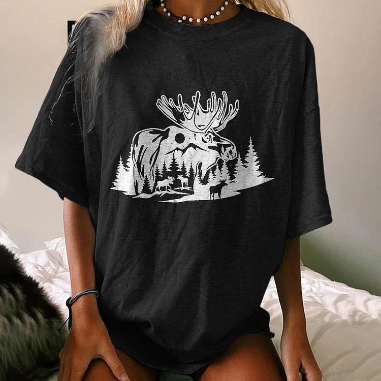Vefave Elk Forest Print T-Shirt