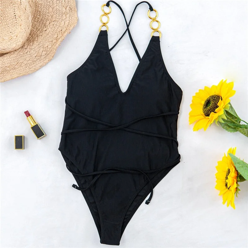 Peachtan Chain one piece swimsuit women V-neck swimwear female Solid monokini Lace up bodysuit Sexy bathing suit beach wear 2021