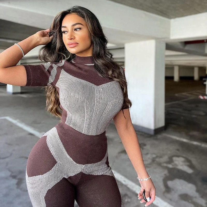 BIIKPIIK Biker Style Skinny Jumpsuit Women Turtleneck Color-blocking Print Jumpsuits Short Sleeve Female Overalls Casual Rompers