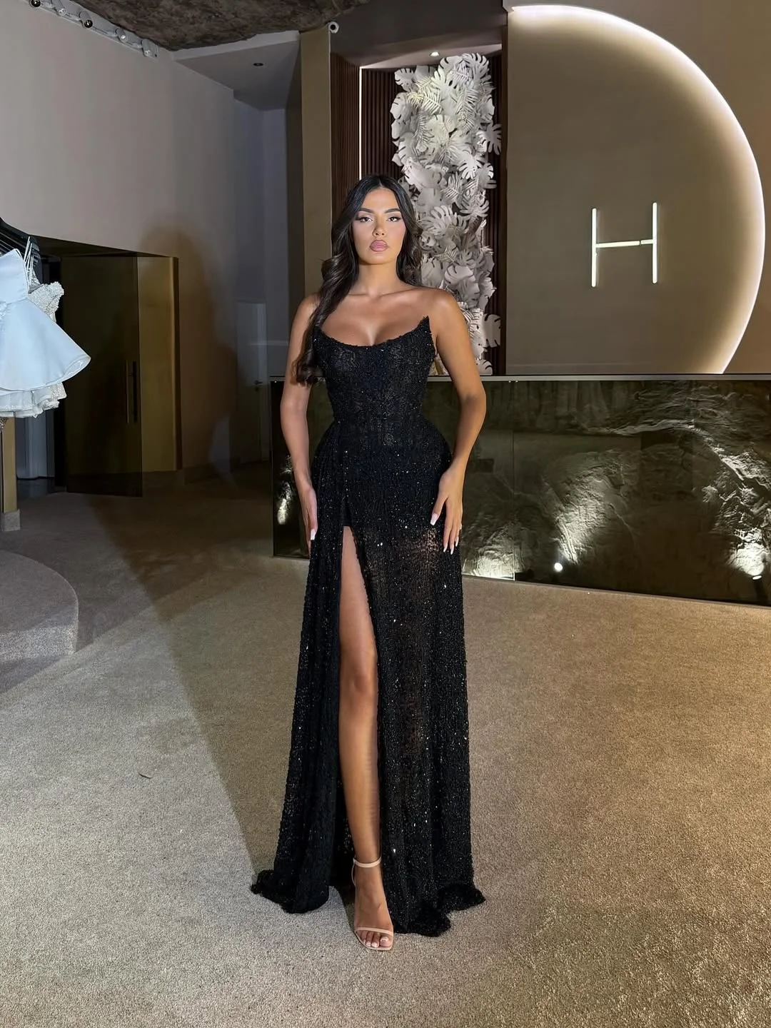 Sophisticated Black Sleeveless Straight Across Split Beadings Prom Dress YK0224