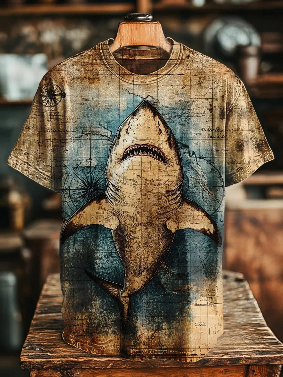 Eagerlys Unisex Retro Great Shark Art Print T-shirt Eagerlys