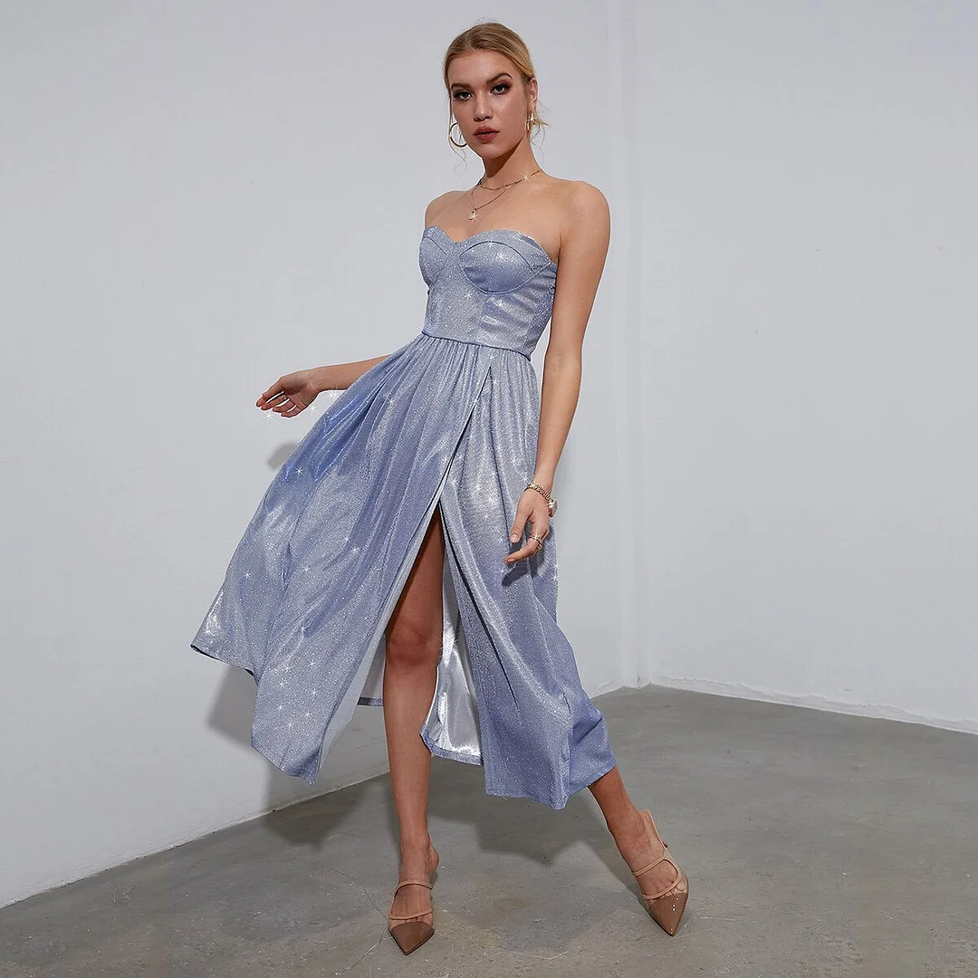 Simplee Strap corset sequin party dress elegant evening long dress Women pleated split blue vestidos Summer tube frills dresses