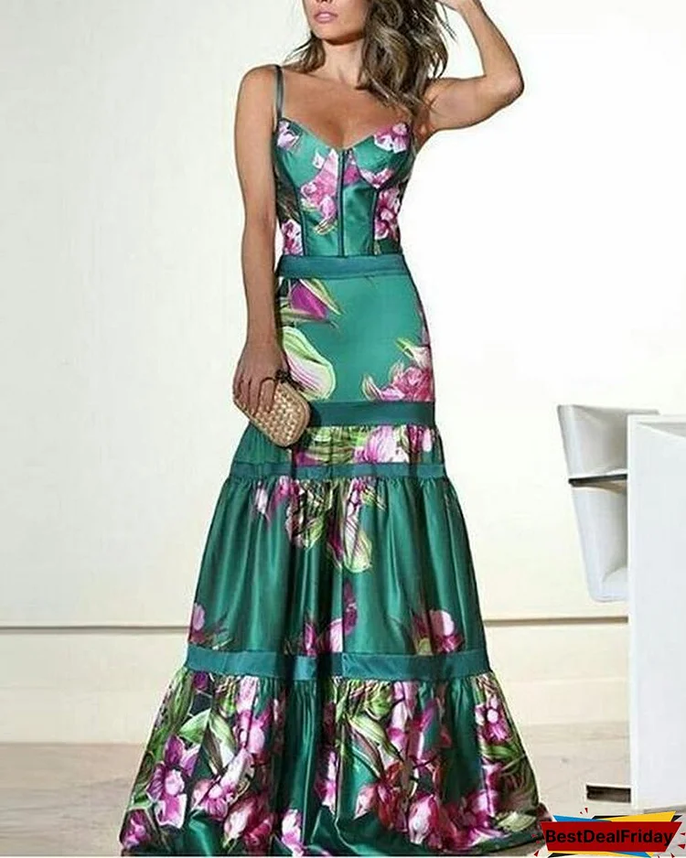 fashion sexy floral plunge ruffles layered hem evening dress p120504