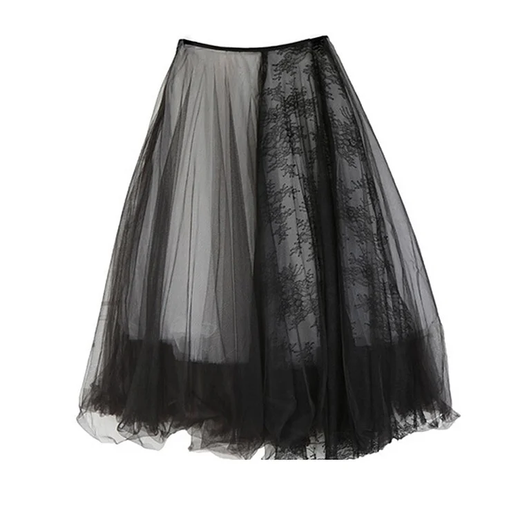 Design Solid Color Lapel Petal Hem Long Sleeve Shirt & Mesh Yarn Splicing Lace Skirt Two Pieces Set
