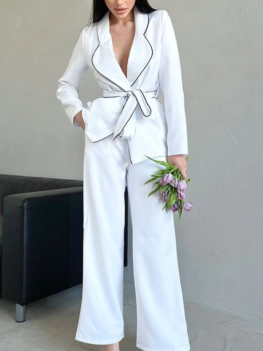 Turndown Collar Long Sleeve Belted Pants Sets