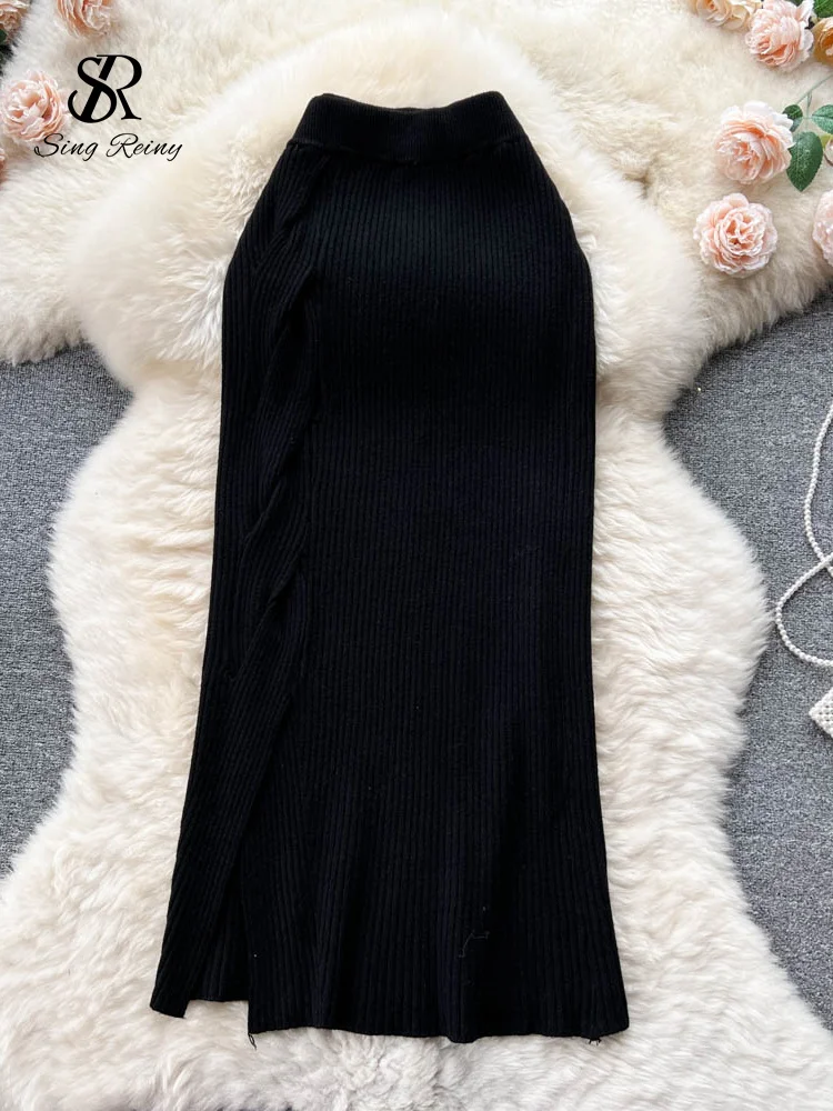 Huibahe Women Solid OL Knitted Skirt 2024 Temperament High Waist Cross Design Fashion Bodycon Winter Midi Long Sweater Skirt