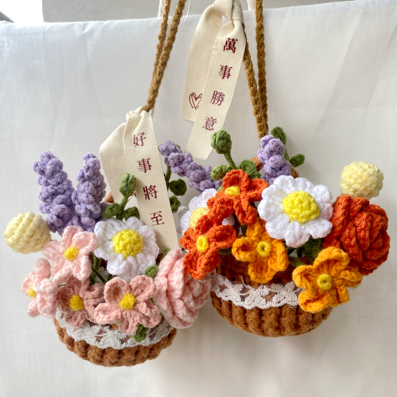 DIY Crochet Mini Flower Basket Kit - Handmade Wool Rose Bouquet