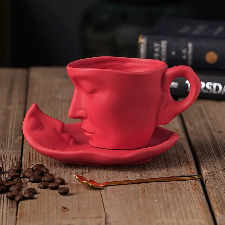 Kissing Mug Set-Kiss Coffee Cup With Saucer and Spoon Romantic Design Durable Coffee Cup for Cereal Water Juice and Orange | 168DEAL