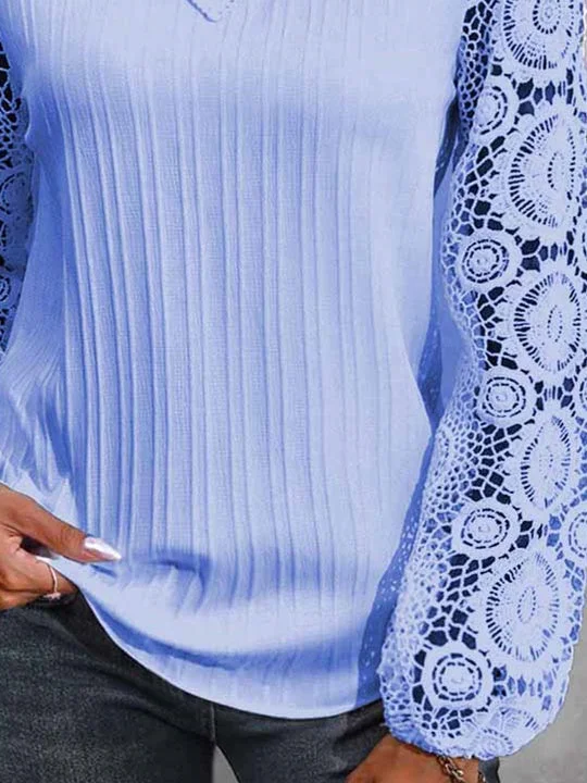 Women Long Sleeve V-neck Solid Lace Tops