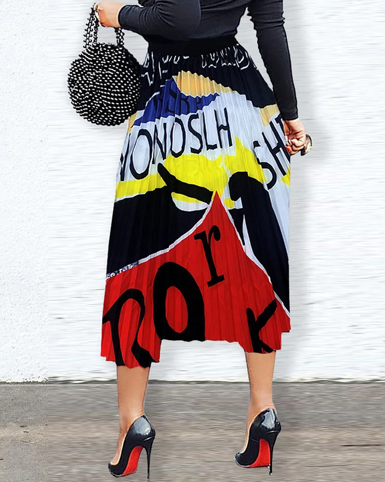 Allover Print Pleated High Waist Skirt