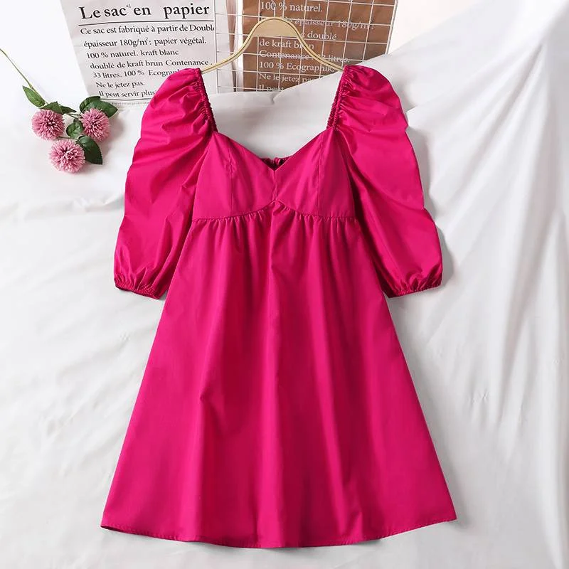 Mini Dress VONDA Women Summer Puff Sleeve Pleated Dresses Casual Solid Square Neck Bohemian Vestidos Loose Sundress Oversized