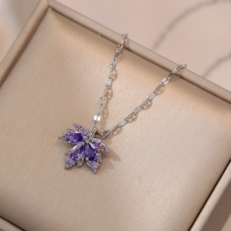 Casual Maple Leaf Titanium Steel Inlay Zircon Pendant Necklace