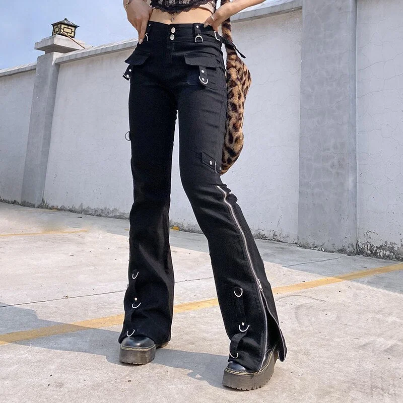 Graduation Gifts  Pockets Zipper Split Jeans Dark Low Waisted Flare Pants Gothic Casual Wide Leg Pants Solid Women'S Trousers 2022 Fashion
