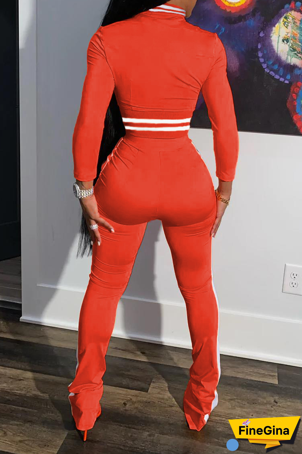 Black Street Print Patchwork Mandarin Collar Long Sleeve Two Pieces