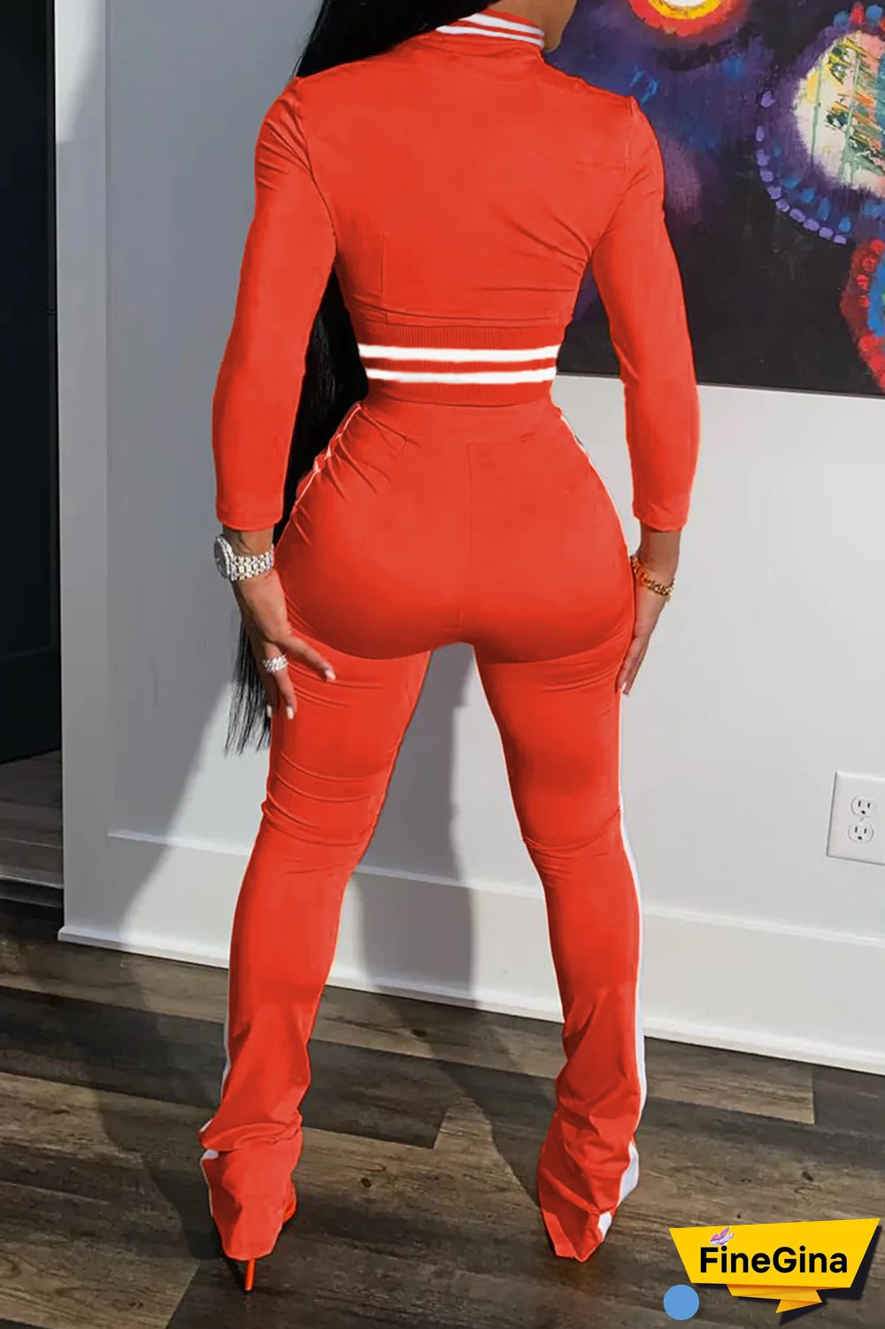 Black Street Print Patchwork Mandarin Collar Long Sleeve Two Pieces