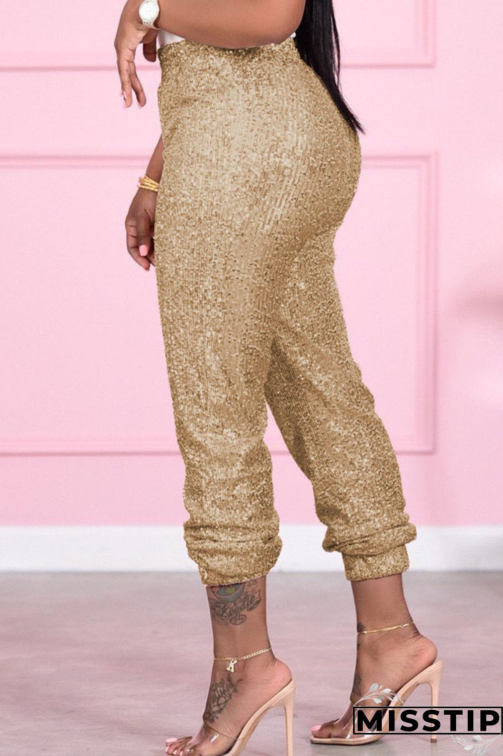 Gold Sexy Solid Sequins Mid Waist Pencil Bottoms