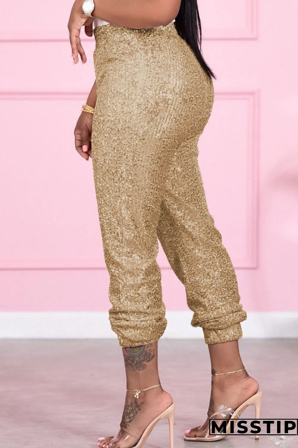 Gold Sexy Solid Sequins Mid Waist Pencil Bottoms