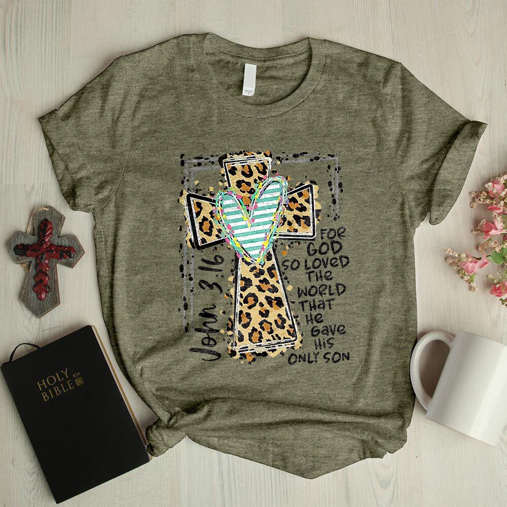For God so loved the world leopard cross graphic tees