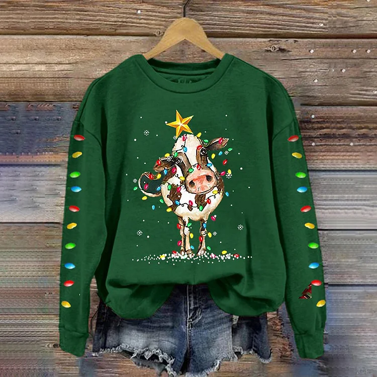 Comstylish Mooey Christmas Cow Print Casual Pullover Sweater