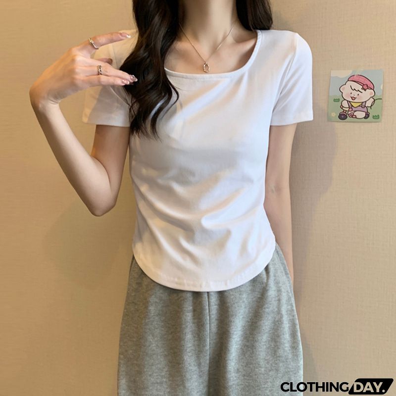 Women Casual Solid Color U Collar Short Sleeve T-Shirt