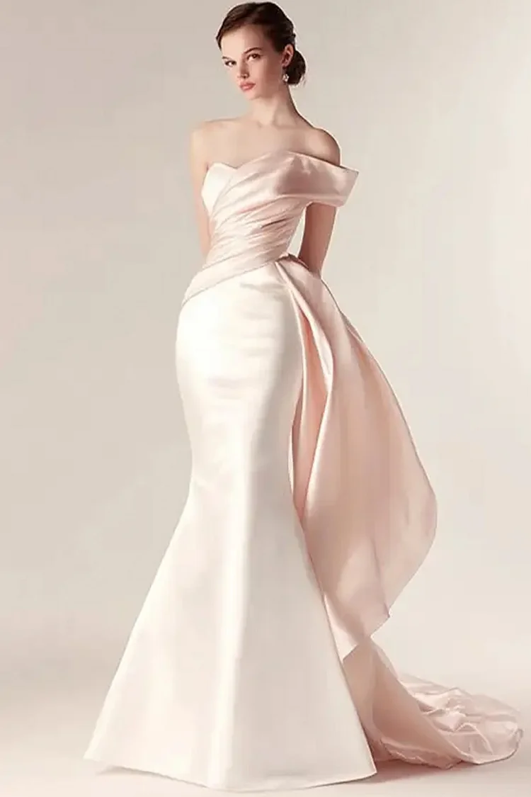 Strapless Overskirt Fishtail Maxi Dress-Light Pink [Custom-Made]