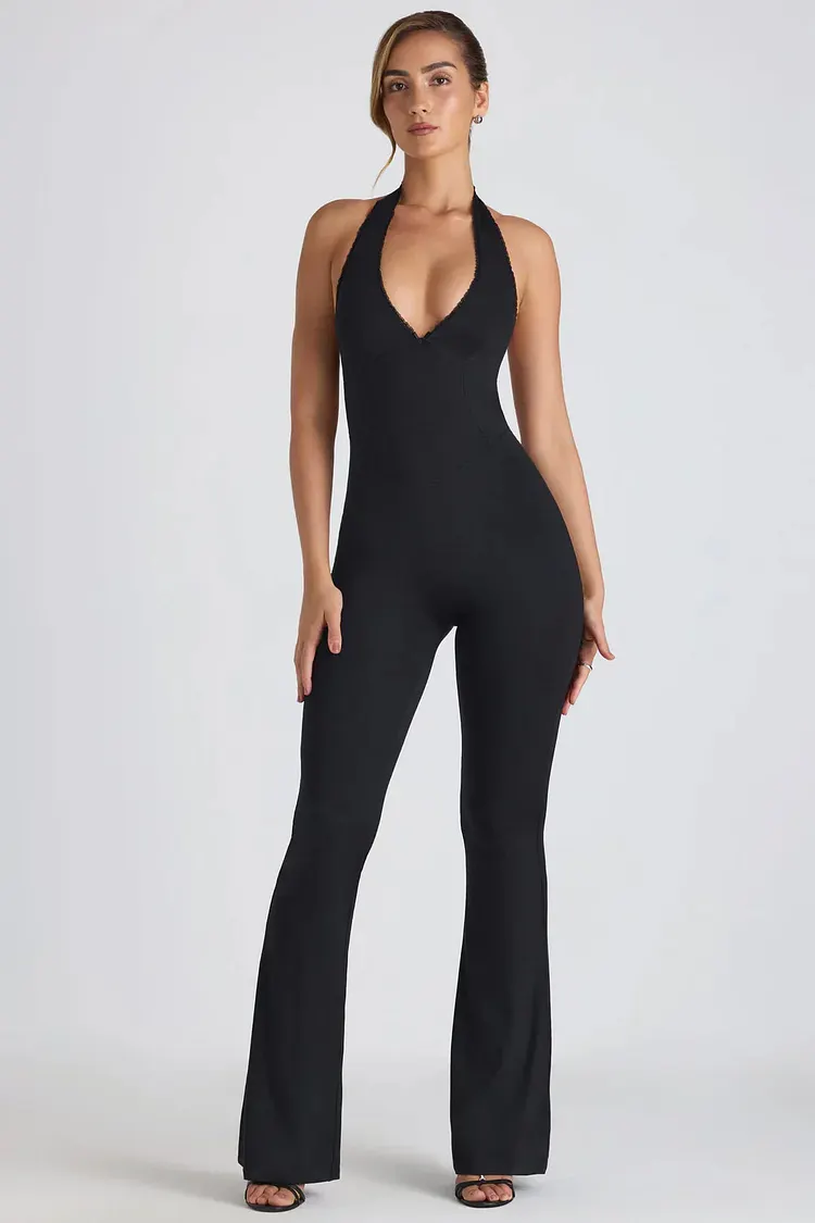 Elegant Black Jumpsuit for Women with Open Back and Halter Neck &acirc;&euro;&ldquo; Flattering Bodycon Fit for Special Occasions