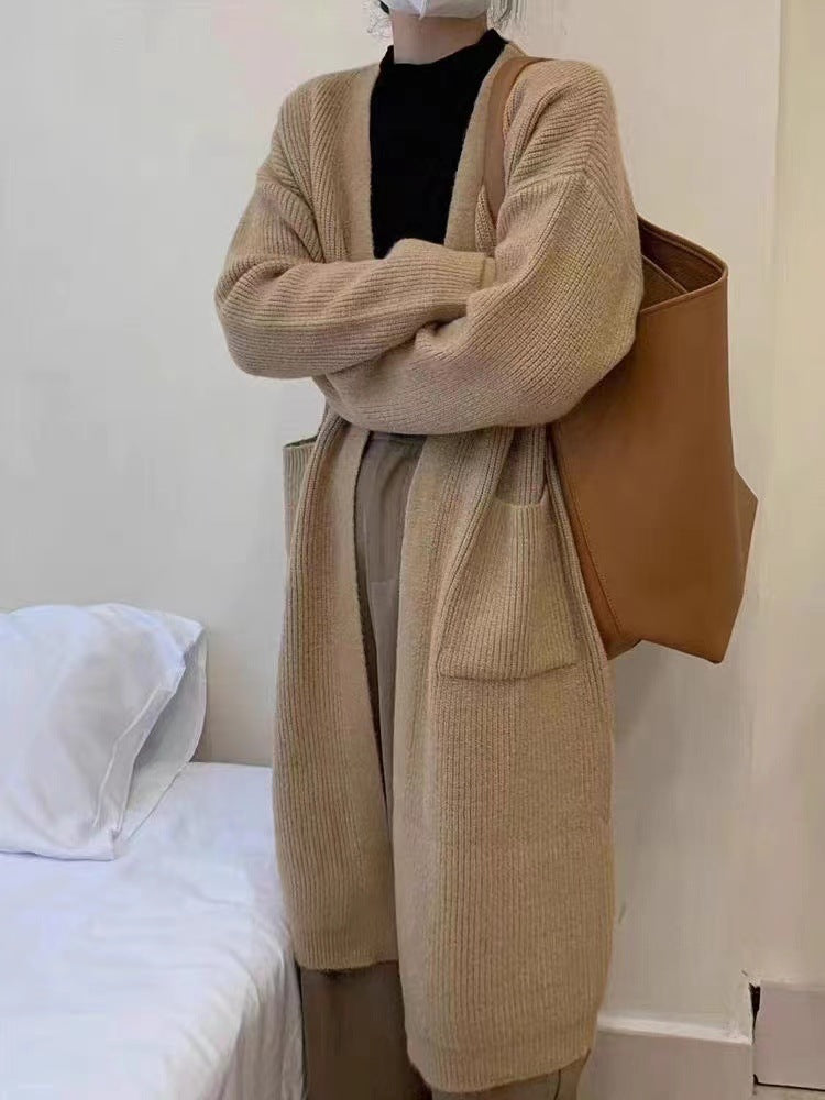 Aiertu fall outfits Solid Color Knitted Cardigan Women's Autumn and Winter Loose Temperament V-neck Lazy Style Mid-Length over-the-Knee Sweater Coat Fashion aiertu